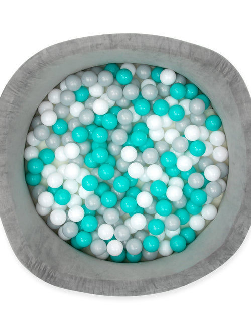 Load image into Gallery viewer, Grey Velvet Ball Pit with 200 Aqua, White, &amp; Grey Balls
