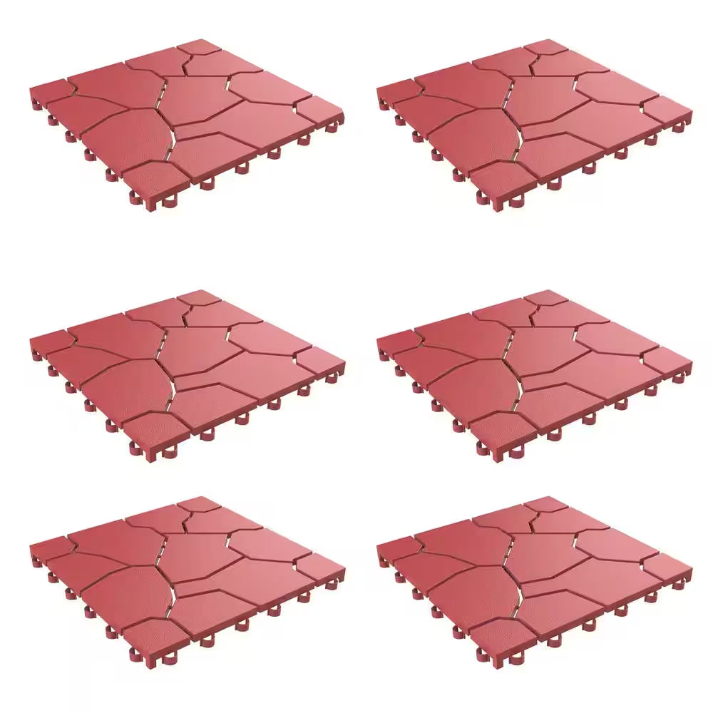 11.5 In. X 11.5 In. Outdoor Interlocking Brick Look Polypropylene Patio and Deck Tile Flooring in Brick Red (Set of 6)