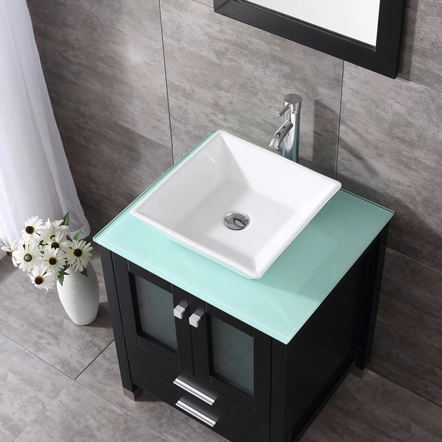 24'' Black Wood Bathroom Vanity Cabinet Tempered Glass Countertop Ceramic Sink W/ Mirror