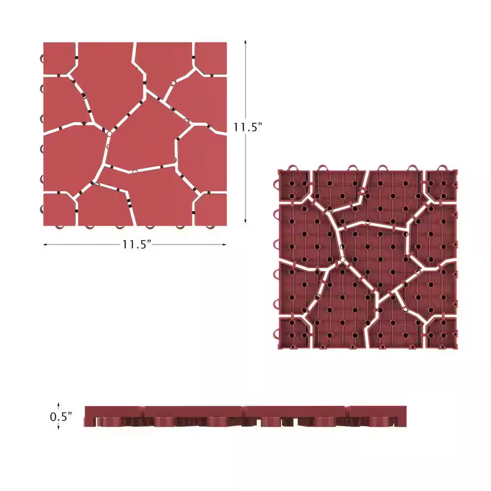 11.5 In. X 11.5 In. Outdoor Interlocking Brick Look Polypropylene Patio and Deck Tile Flooring in Brick Red (Set of 6)