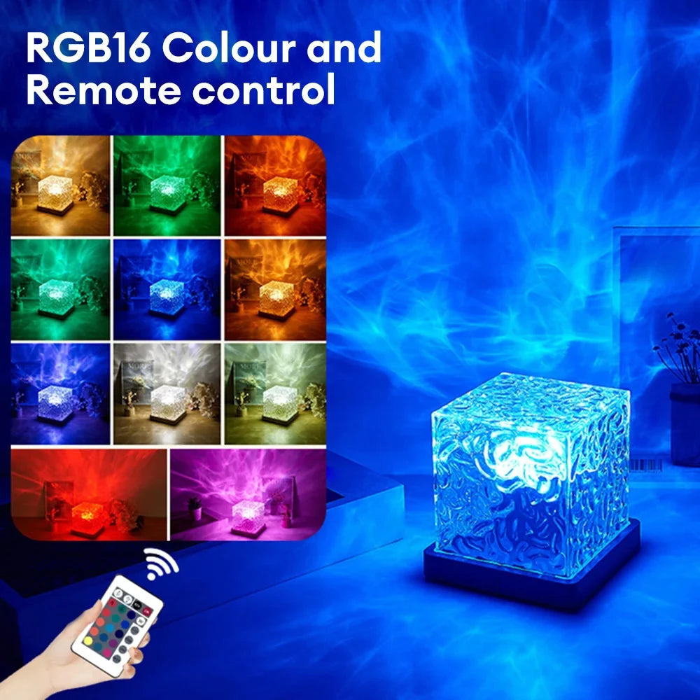 16 Colors Dynamic Rotating Water Ripple Projector Night Light Flame Crystal Lamp for Living Room Study Bedroom Rotating Light