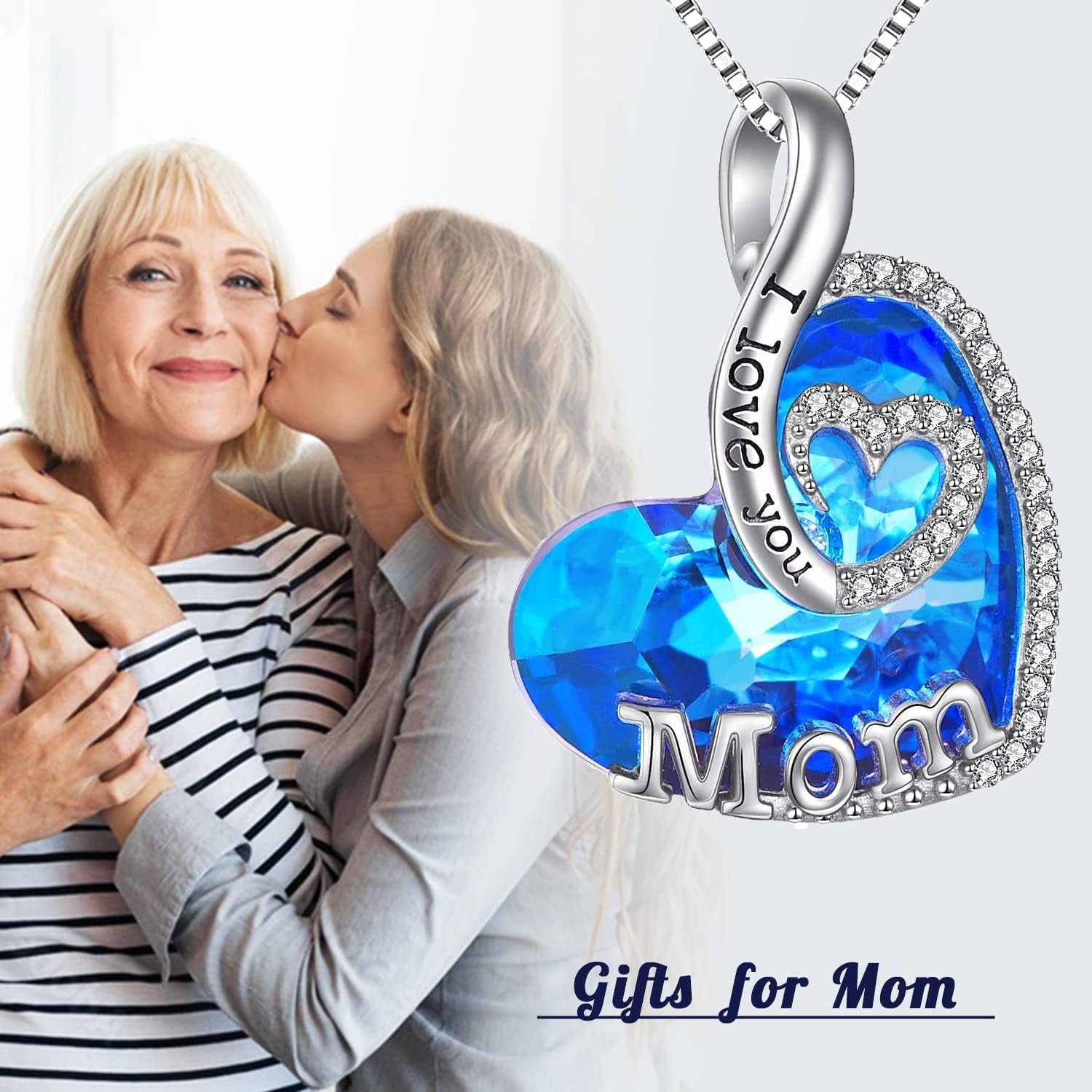 Gifts for Mom with Heart Birthstone Crystal Sterling Silver I Lov You Forevr Heart Pendant Necklace Birthday Christmas Mother'S Day Jewelry Gifts for Women Mom Grandma,New Mom Gifts