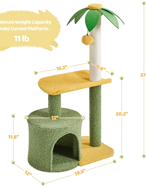 Load image into Gallery viewer, Upholstered 2-Level 37&quot; Coconut Palm Cat Tree with Bending Perch, Gree/Yellow
