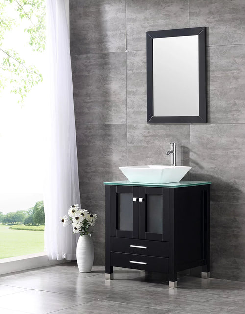 Load image into Gallery viewer, 24&#39;&#39; Black Wood Bathroom Vanity Cabinet Tempered Glass Countertop Ceramic Sink W/ Mirror
