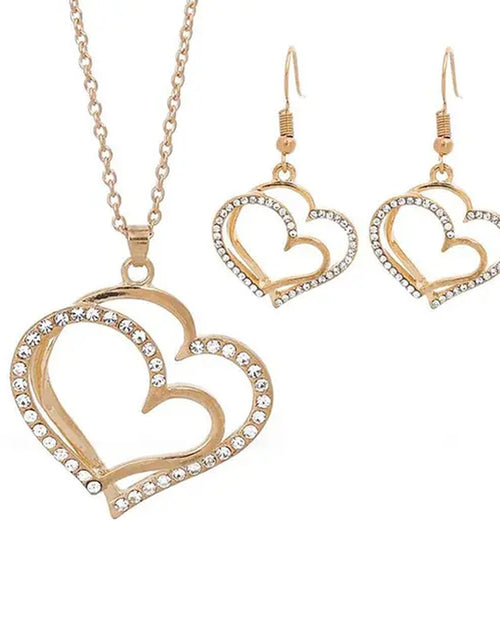 Load image into Gallery viewer, 3 Pcs Set Heart Shaped Jewelry Set of Earrings Pendant Necklace for Women Exquisite Fashion Rhinestone Double Heart Jewelry Set
