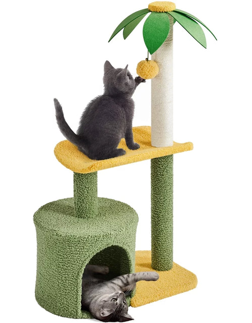 Load image into Gallery viewer, Upholstered 2-Level 37&quot; Coconut Palm Cat Tree with Bending Perch, Gree/Yellow
