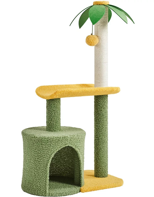 Load image into Gallery viewer, Upholstered 2-Level 37&quot; Coconut Palm Cat Tree with Bending Perch, Gree/Yellow
