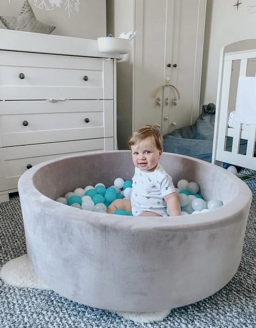 Load image into Gallery viewer, Grey Velvet Ball Pit with 200 Aqua, White, &amp; Grey Balls
