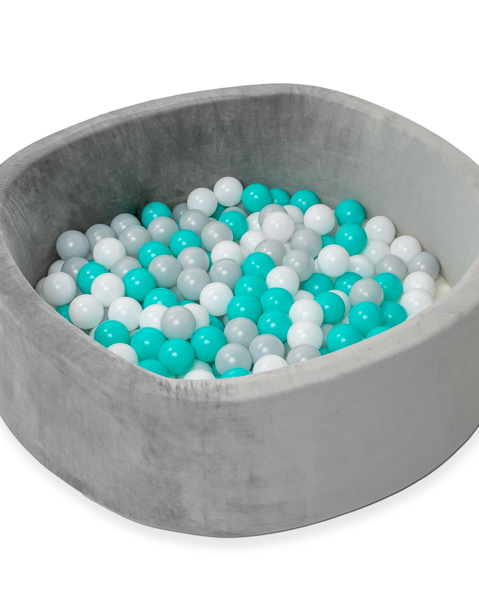 Grey Velvet Ball Pit with 200 Aqua, White, & Grey Balls